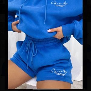 White fox boutique lounge shorts in electric blue